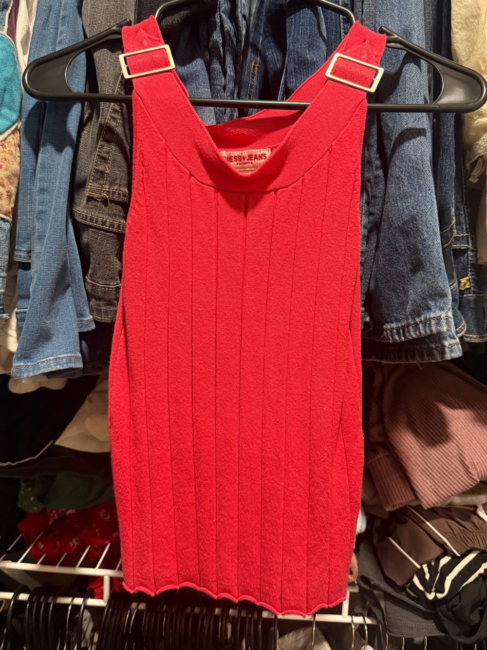 Guess Red Ribbed Tank with Buckle-Strap